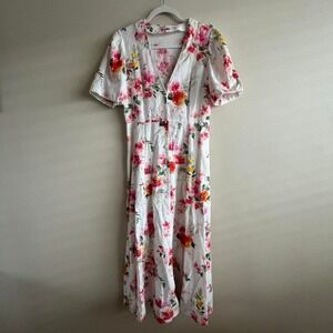 Zara White Floral Linen Midi Dress Puff Sleeve XS Cottagecore Romantic